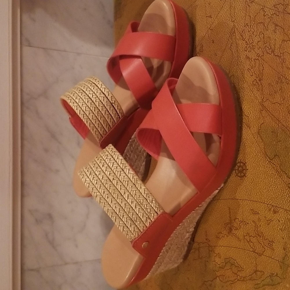 UGG ADRIANA  ORANGE LEATHER  WEDGE SLIDE SANDALS WITH ROPE/JUTE STRAP